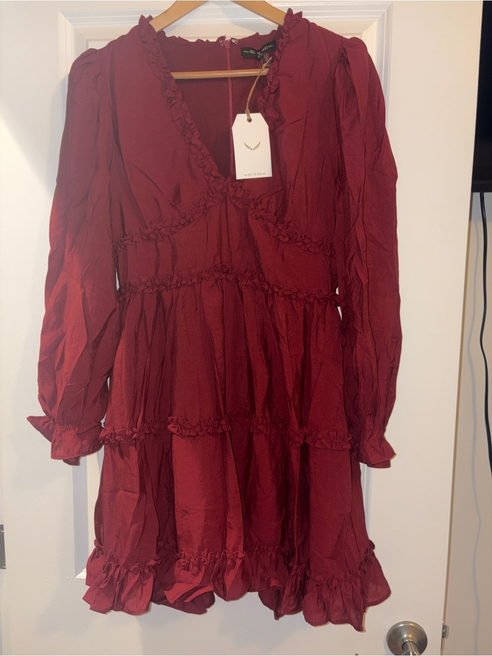 Free the Roses | NEW Burgundy Romantic Long Sleeve Ruffle Mini Dress